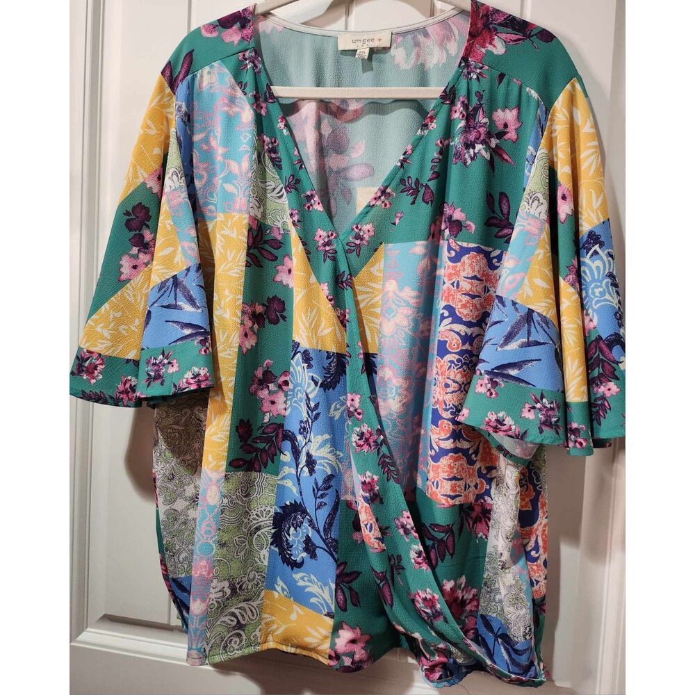 Umgee Colorful Floral Faux Wrap Top with Tulip Style Sleeves - 2XL